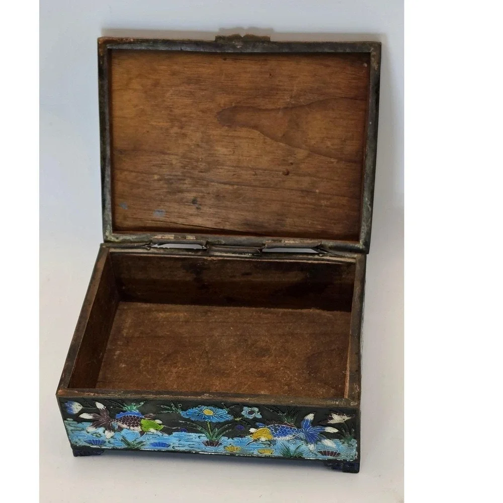 Vintage Chinese Cloisonne Enamel Jewelry Box Bird Koi Fish Champleve Wood Lined